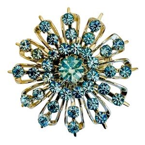 Vintage Signed Coro Blue Rhinestone And Silver Tone Starburst Brooch